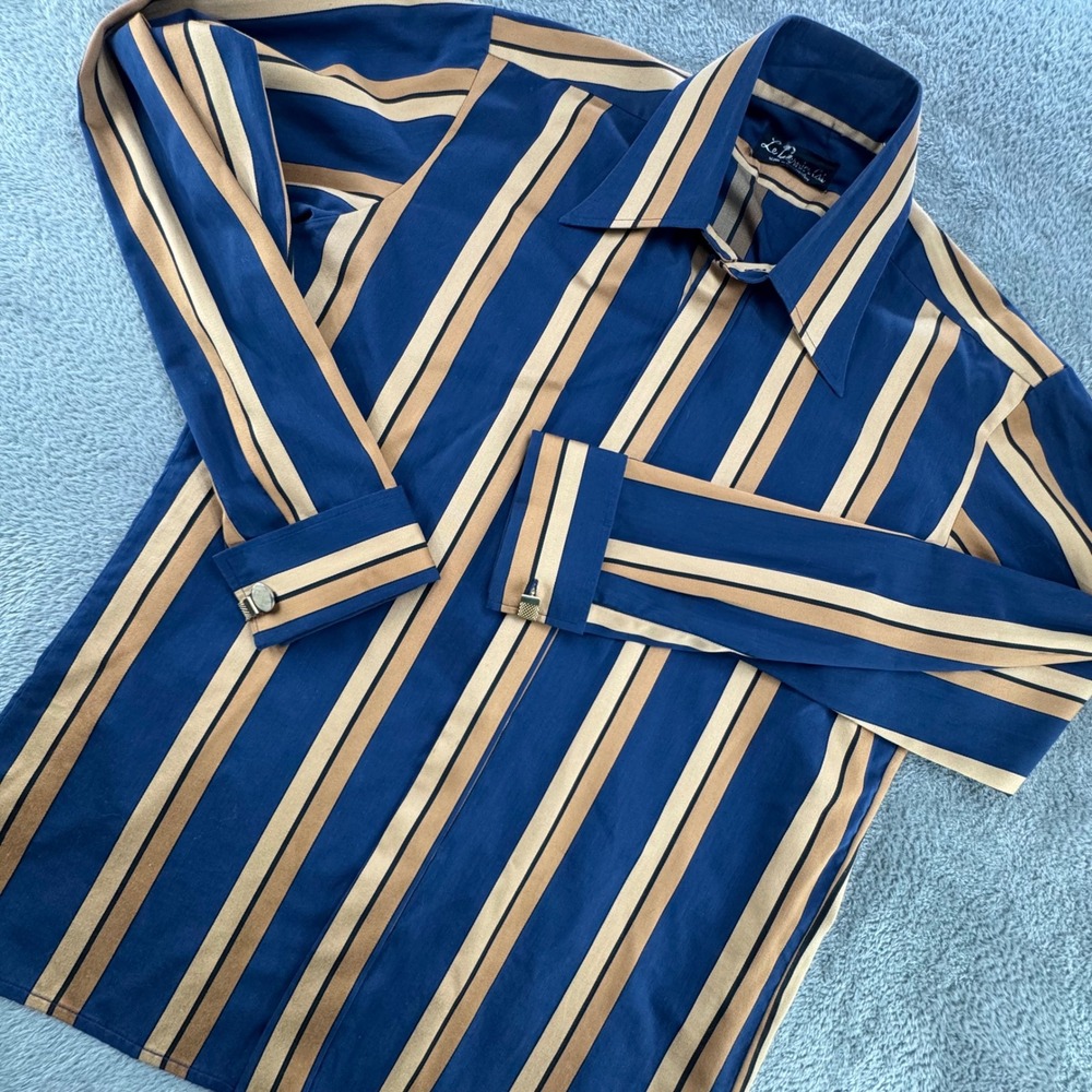 Le Dernier Cri Vintage 70s Striped Shirt Mens L Blue Tan Excellent West Germany